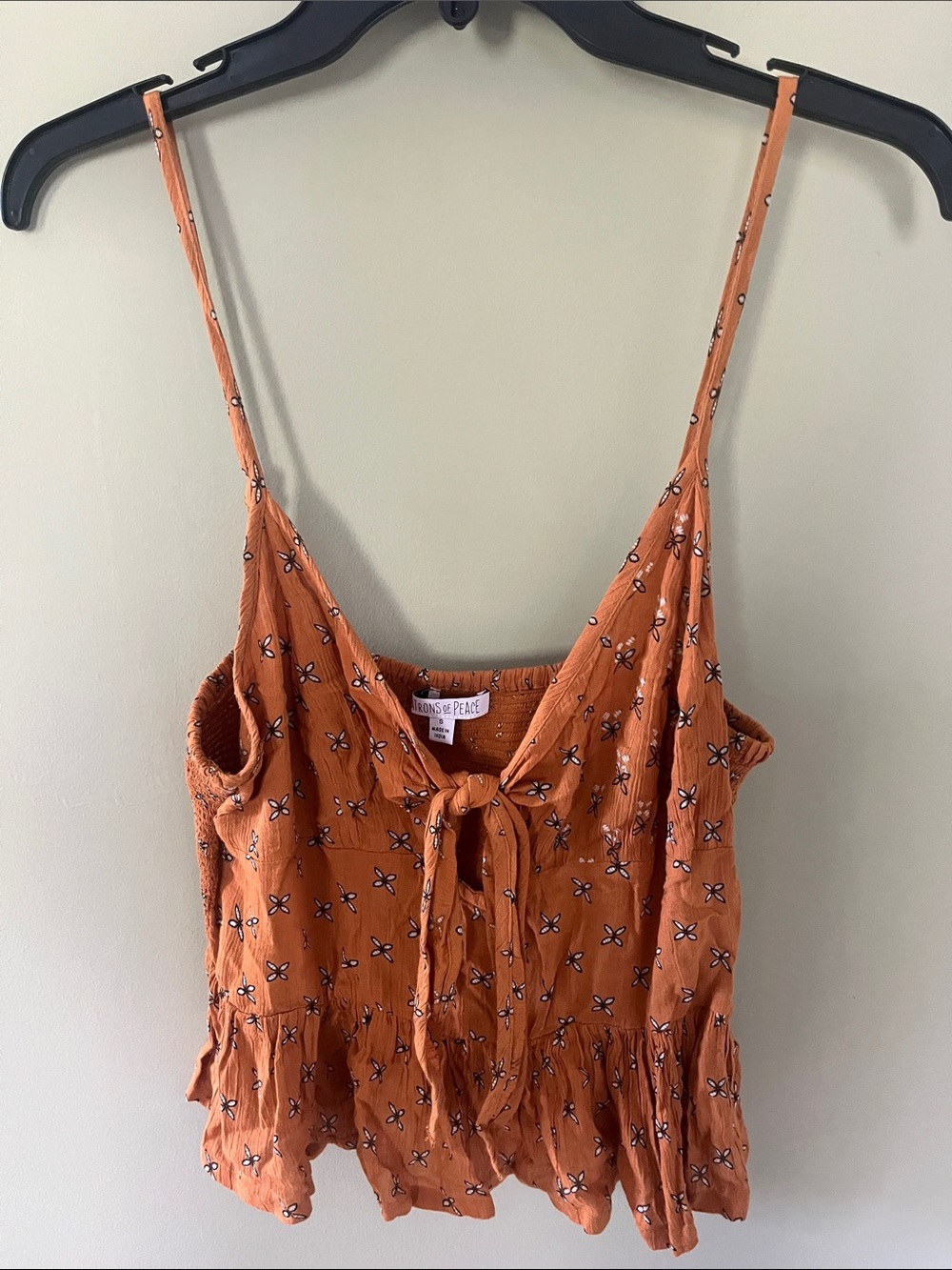 Patrons of Peace Burnt Orange Boho Floral Keyhole Tie-Front Cropped Cami. Size S